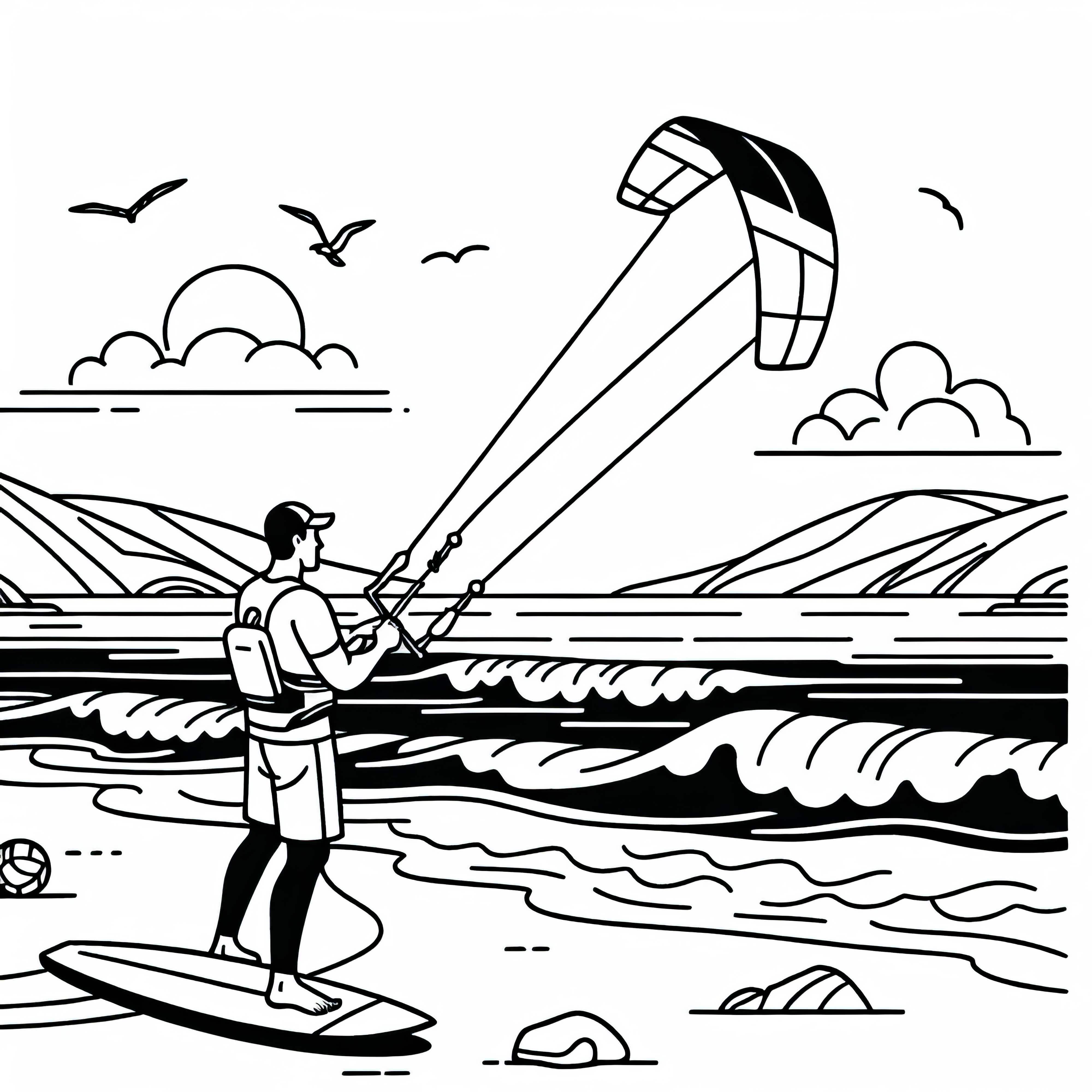 Atlet berlatih mengendalikan layang-layang dengan aman di pantai – Template mewarnai gratis