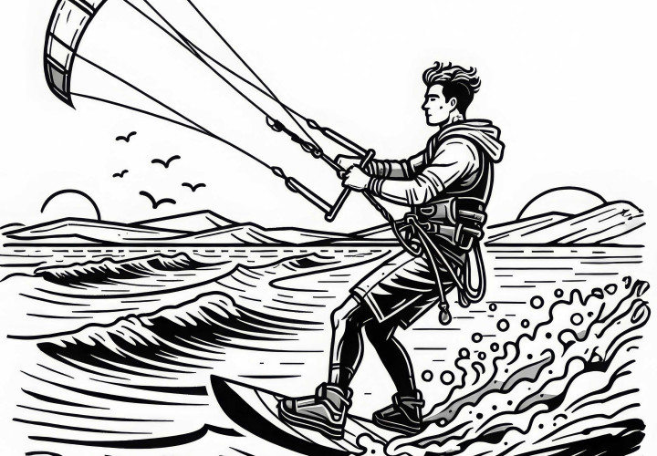 Pemain kiteboard memegang layang-layang di udara - Gambar untuk diwarnai gratis Peselancar layang-layang memegang layang-layang di udara - Gambar untuk diwarnai gratis