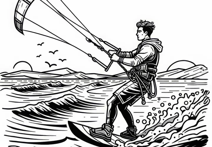 Kiteboarder holds kite in the air – Free coloring page