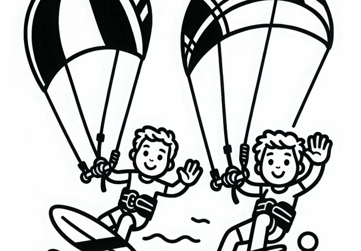 Two Kiteboarders Riding Side by Side - Coloring Page Free