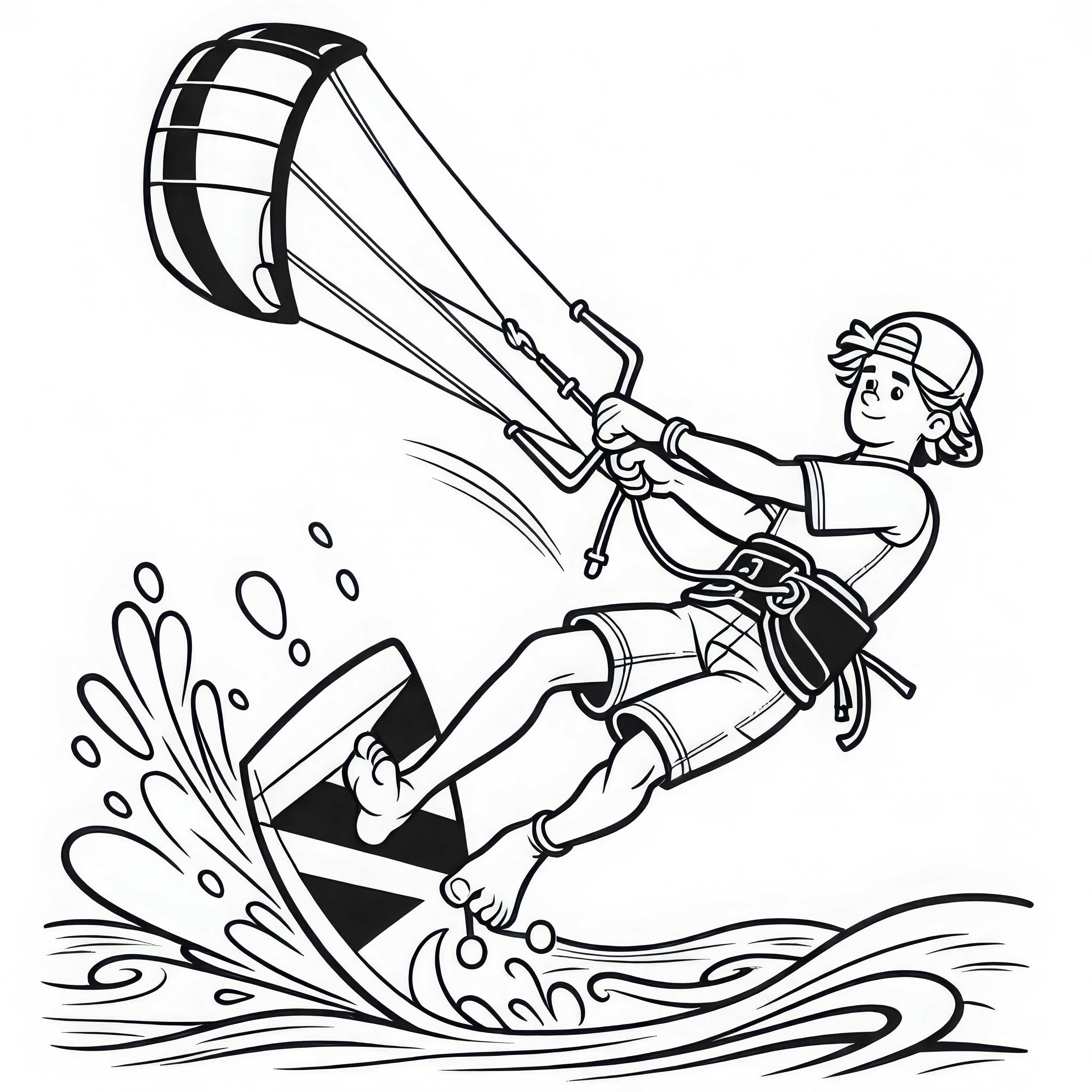 Pemuda kiteboarder melakukan putaran di udara – Template mewarnai gratis