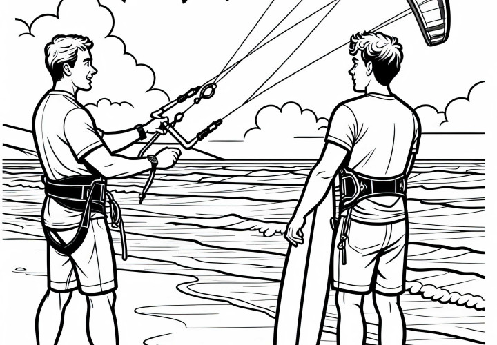 Pelatih Kiteboarding menjelaskan kepada pemula bagaimana cara mengendalikan layang-layang – Gambar untuk diwarnai gratis Pelatih kiteboarding menjelaskan kepada pemula bagaimana cara mengendalikan layang-layang – Gambar untuk diwarnai gratis