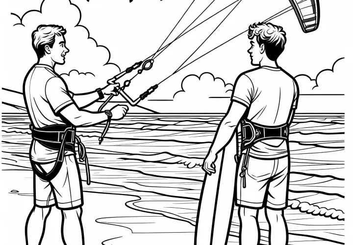 Kiteboarding trainer explains to beginners how to control kites - free coloring page