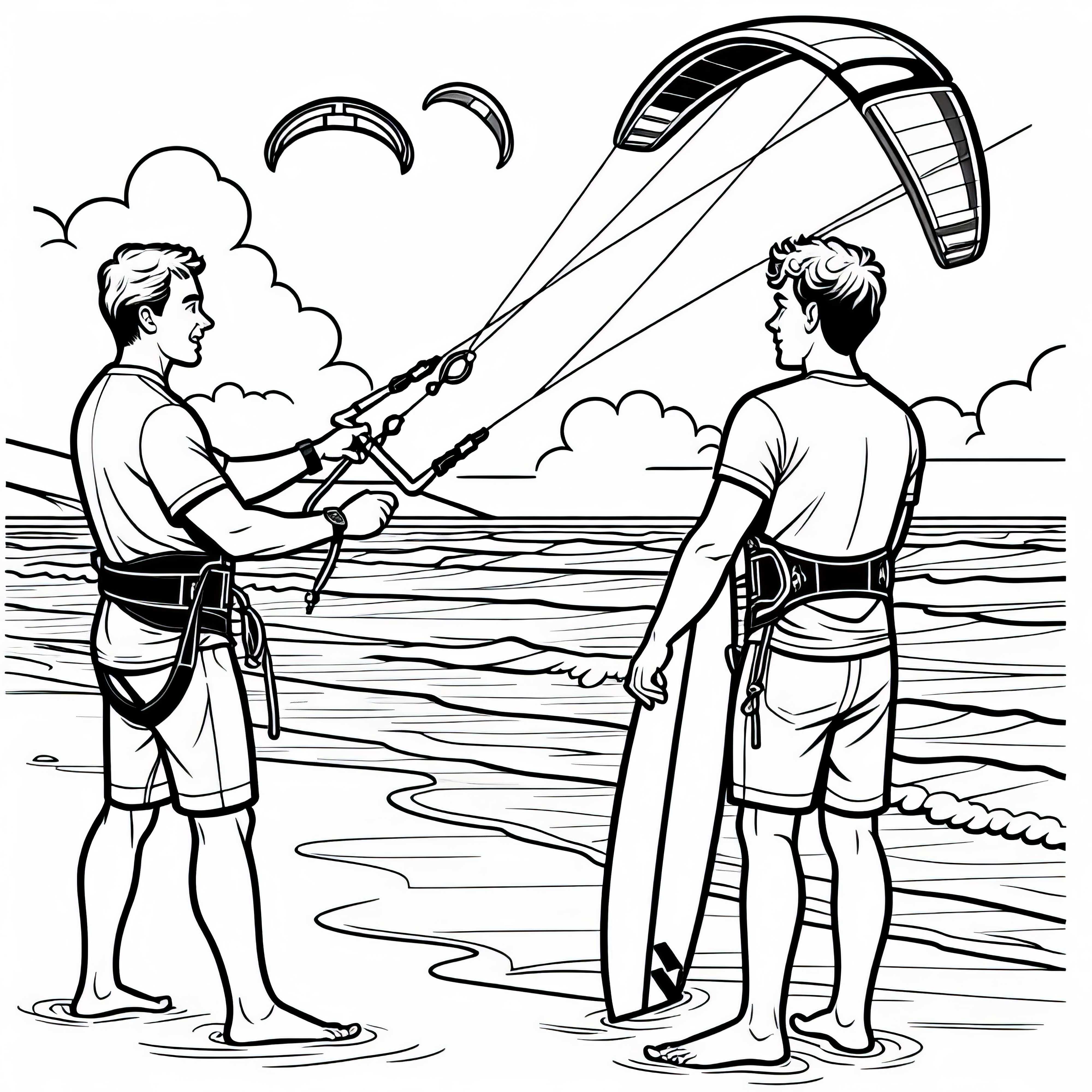 Pelatih kiteboarding menjelaskan kepada pemula cara mengontrol layangan – Gambar pewarnaan gratis