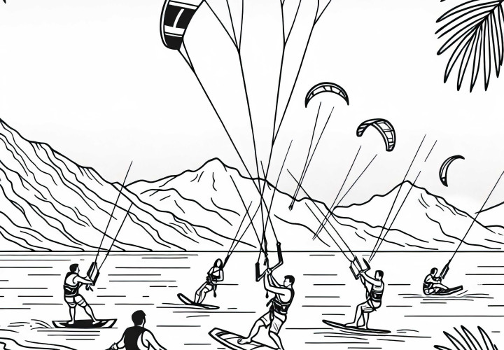 Sekelompok kiteboarder berlatih trik - Template menggambar gratis Sekelompok peselancar layang berlatih trik - Gratis cetakan warna