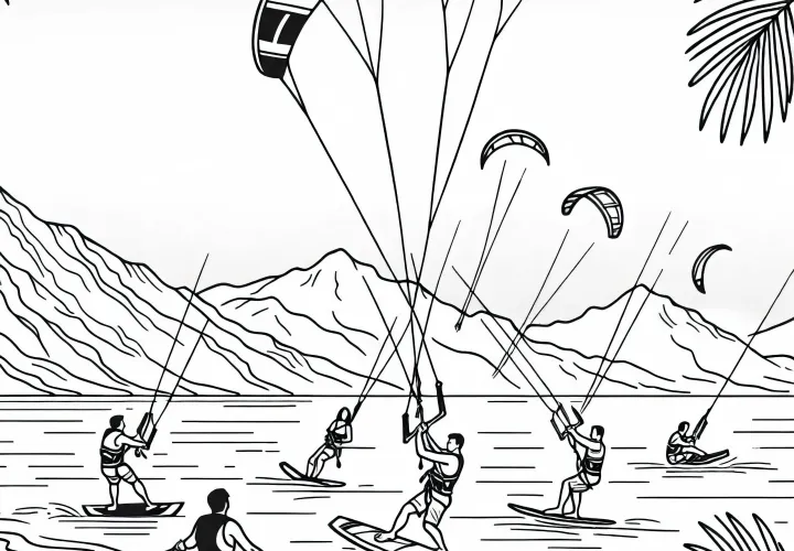 Group of kiteboarders practicing tricks – free coloring page