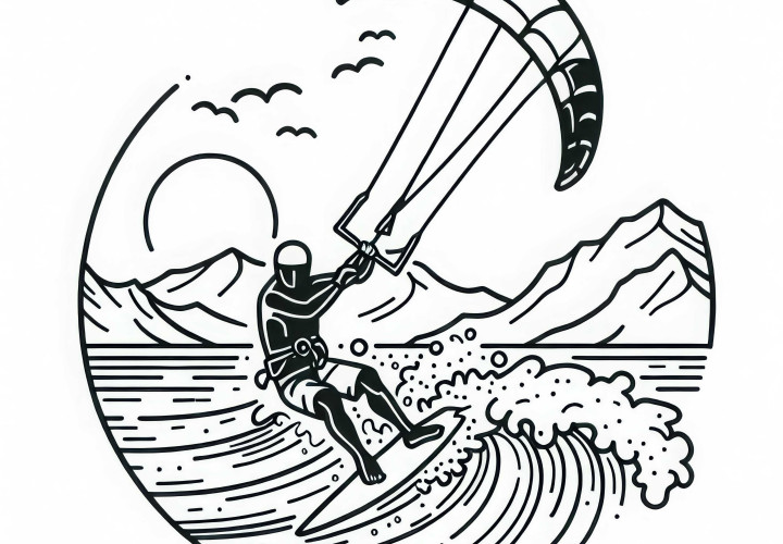 Kiteboarder berselancar di ombak - Template gambar gratis Pemburu layang-layang meluncur di atas ombak – Template mewarnai gratis
