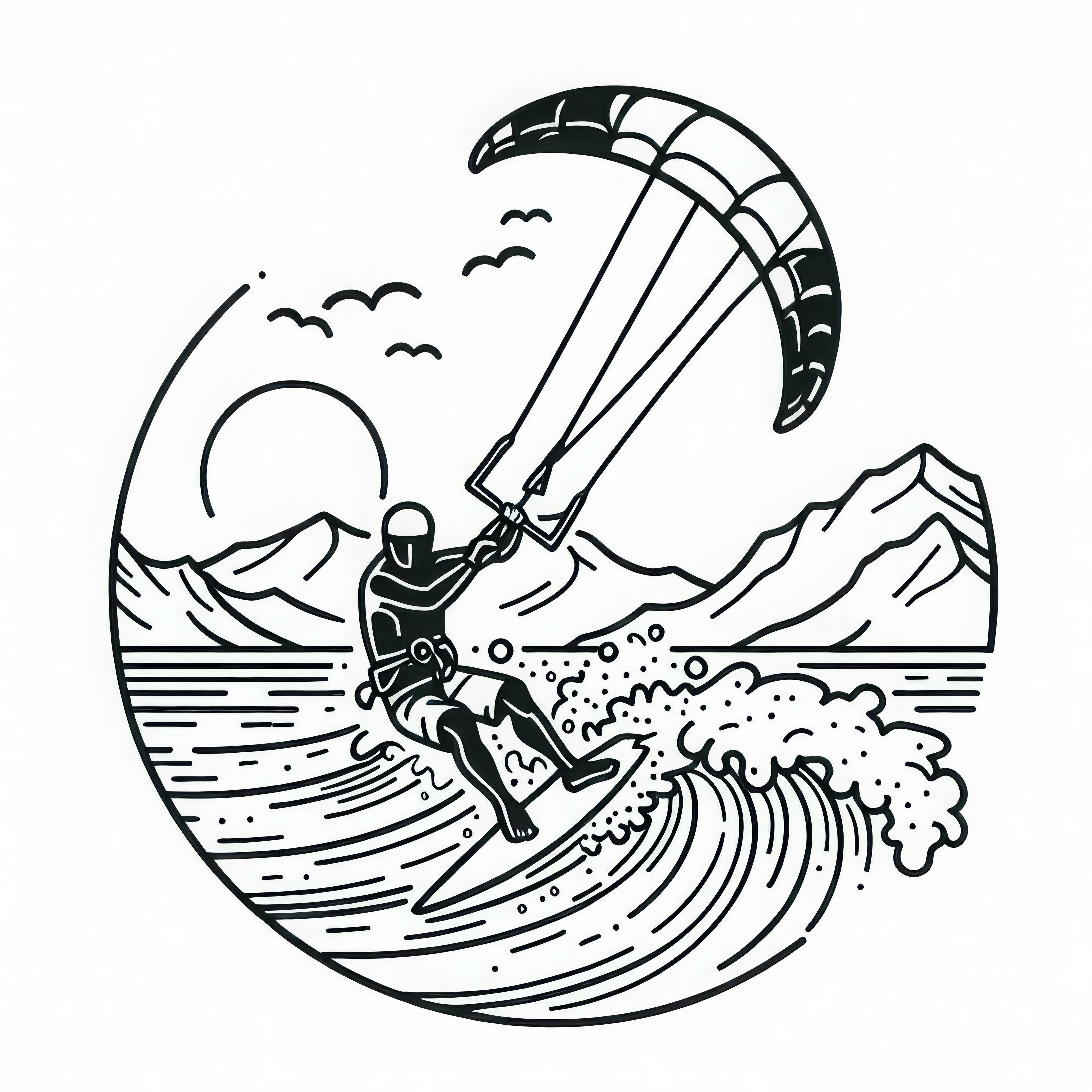 Kiteboarder sedang berselancar di ombak - Gambar untuk diwarnai gratis