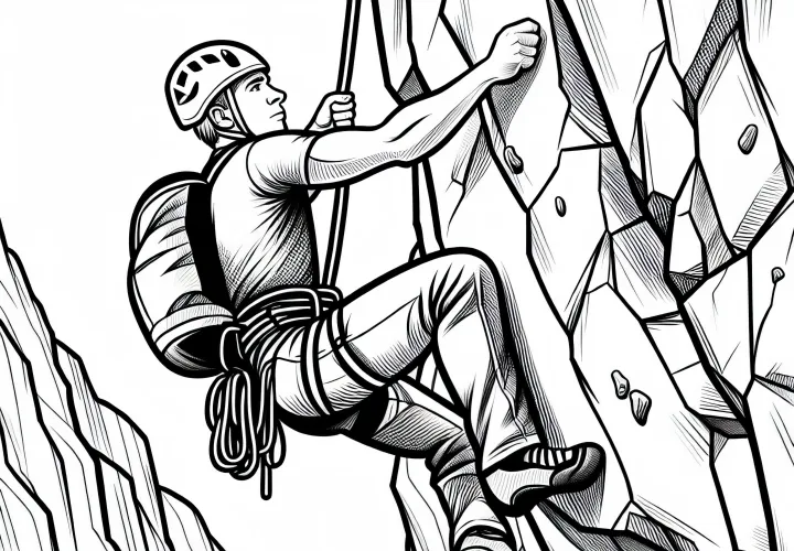 Climber ascends steep rock face - Free coloring page