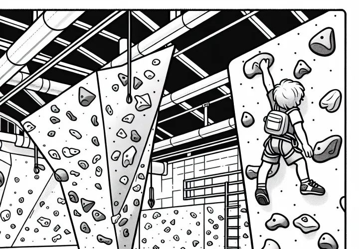 Child practicing climbing in the bouldering gym - Coloring page free of charge