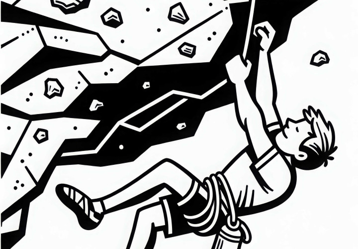 クライマーが難しいオーバーハングルートにぶら下がっています - 無料ぬりえ