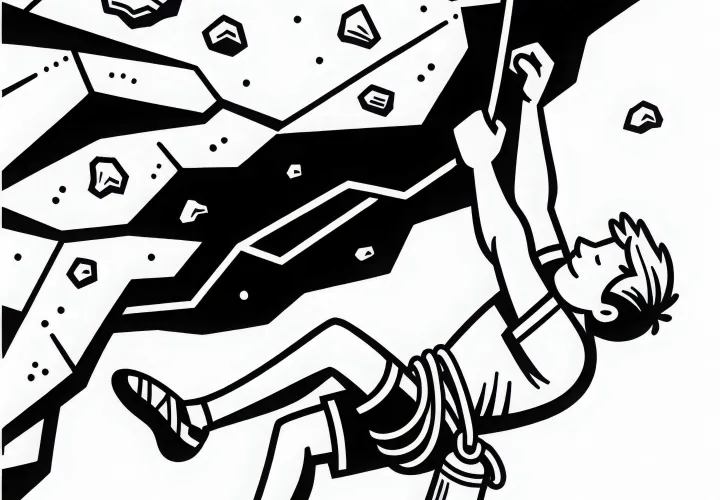 Climber hanging on a difficult overhang route - Free coloring page
