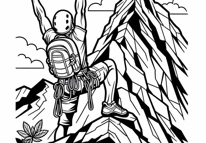 L'arrampicatore raggiunge la vetta e alza le braccia in segno di gioia - Immagine da colorare gratuita