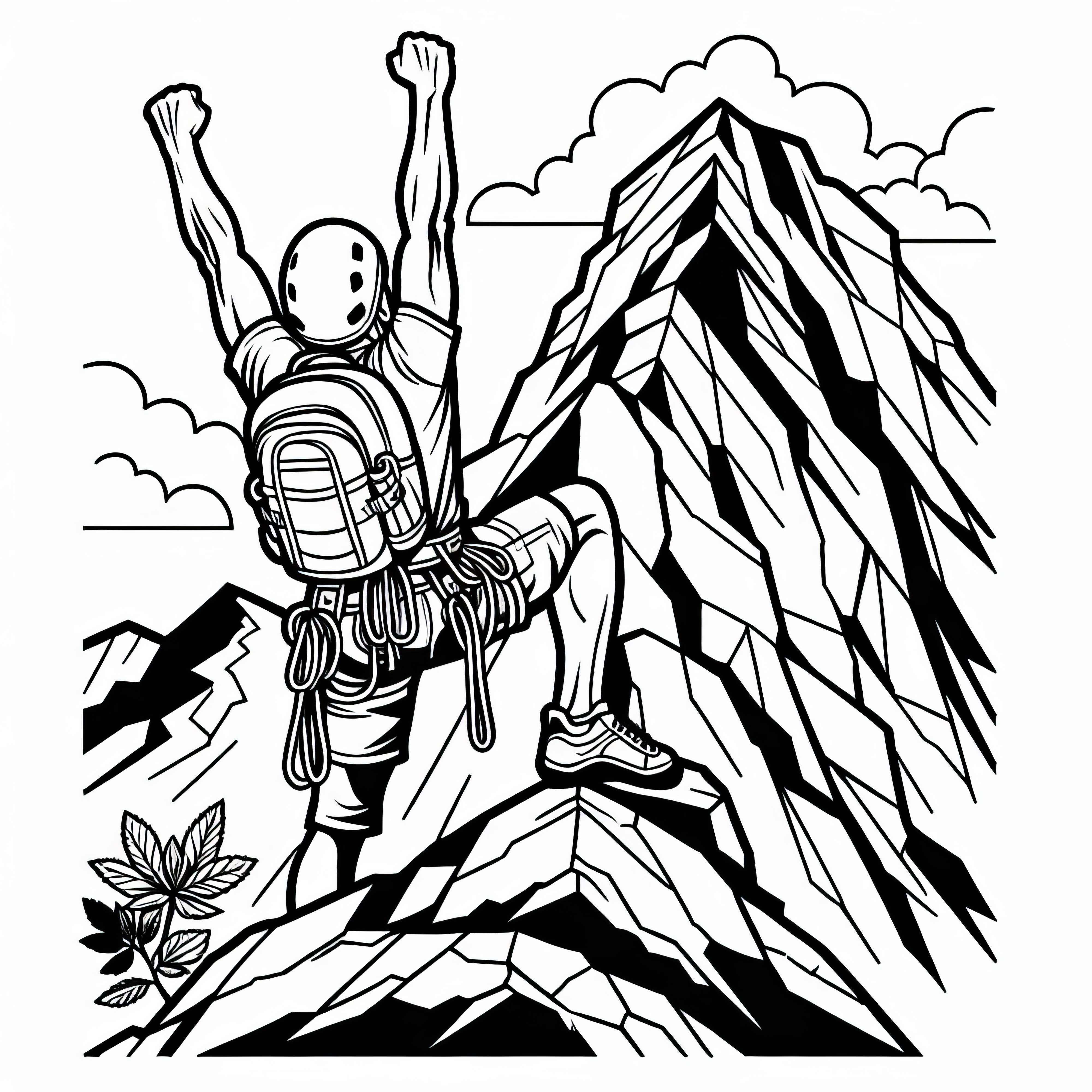 L'arrampicatore raggiunge la vetta e solleva le braccia in segno di gioia - Immagine da colorare gratis