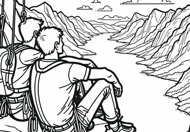 Two climbing friends are resting on a ledge - Free coloring page