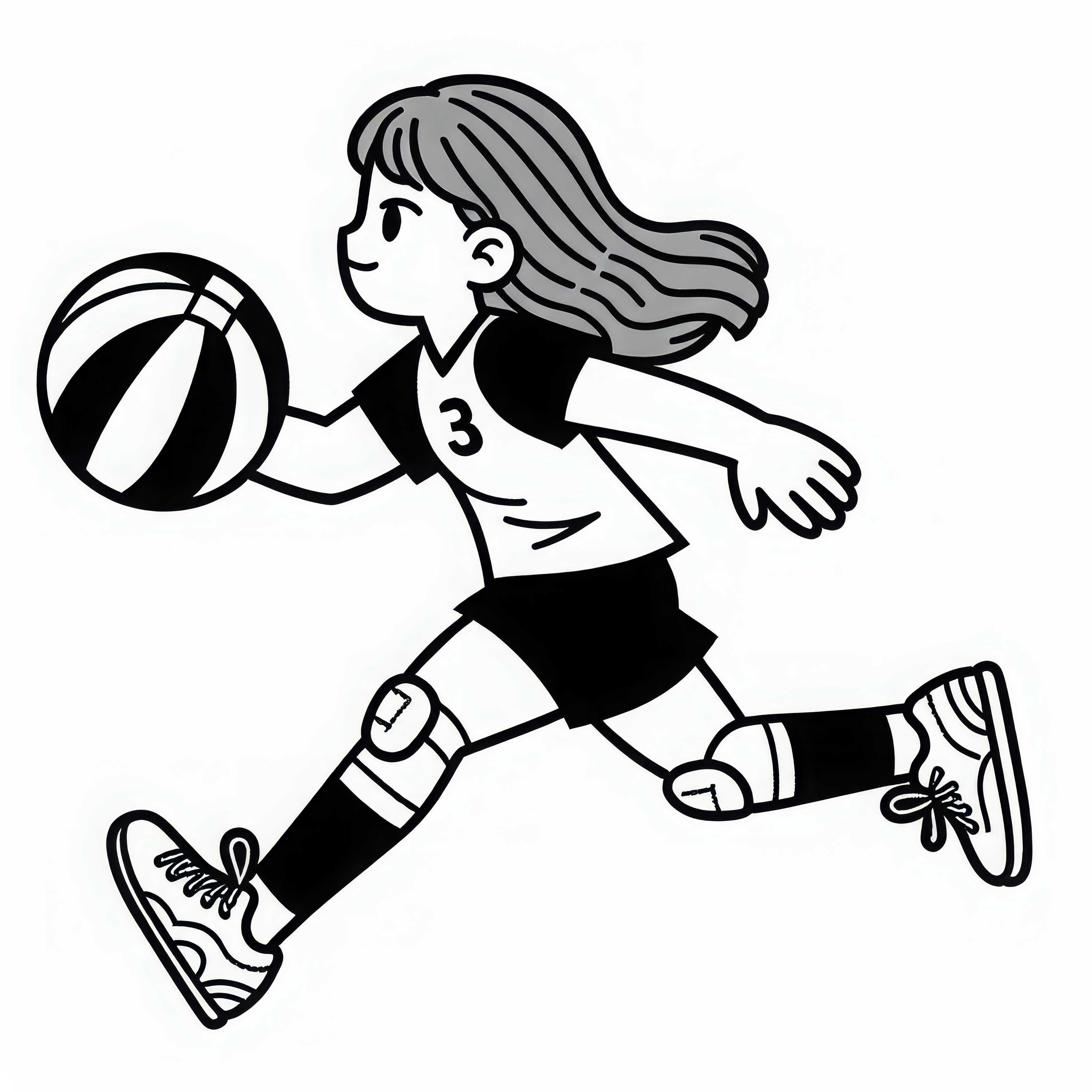 Korbballspielerin sprintet mit Ball – Ausmalbild kostenlos