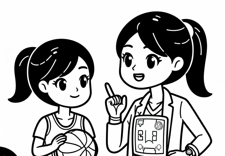 Netball coach gives tactical instructions - free coloring page