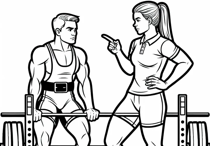 Powerlifting - Trainer gives instructions - Free coloring page