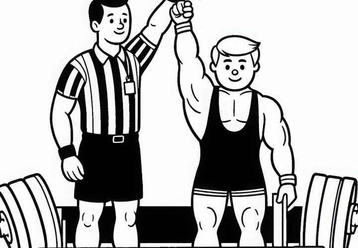 Referee raises hand for valid weightlifting in powerlifting - Coloring page free