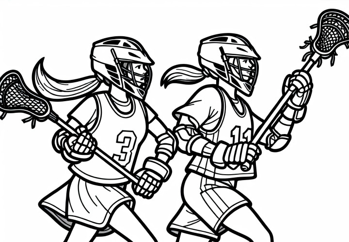 Duas jogadoras de lacrosse correm lado a lado - Desenho para colorir gratuito