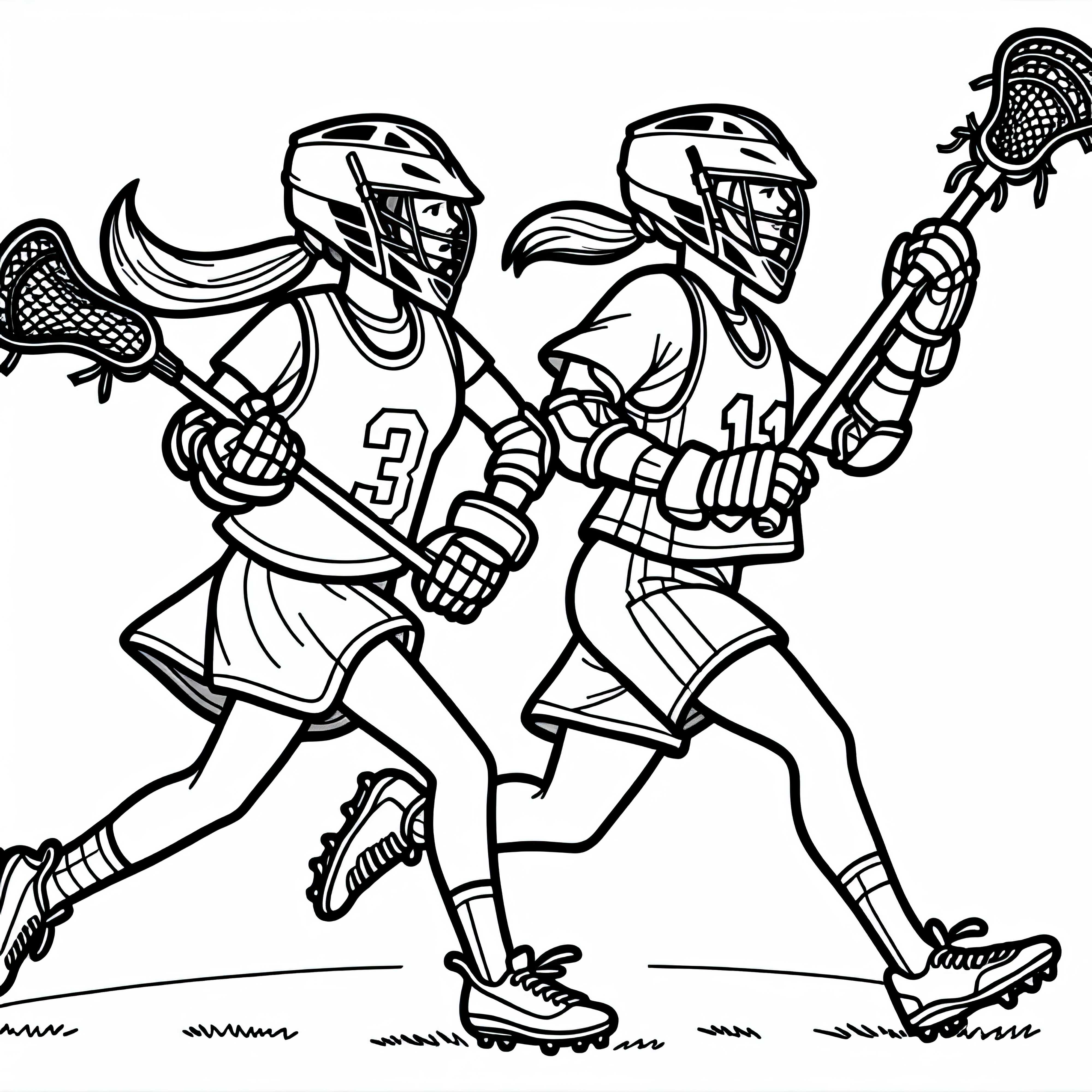 Duas jogadoras de lacrosse correm lado a lado - Desenho para colorir gratuito