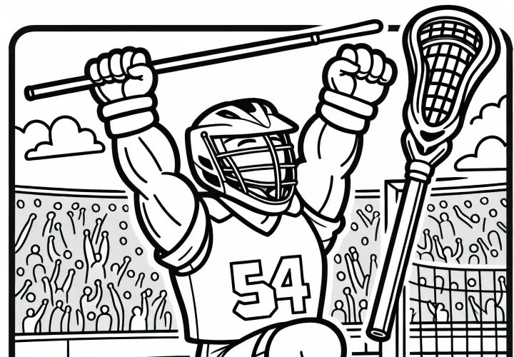 Игрок в лакросс в восторге поднимает руки после гола – бесплатная раскраска