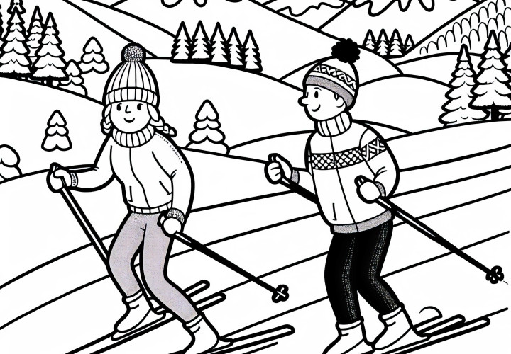 Zwei Skifahrer Fahren Beim Langlauf Nebeneinander – Malvorlage Gratis Zwei Skifahrer Fahren Beim Langlauf Nebeneinander – Malvorlage Gratis