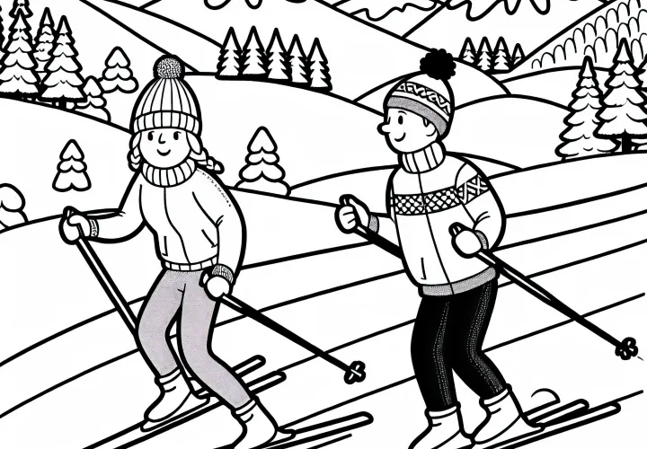 Two skiers are skiing side by side during cross-country skiing - free coloring page