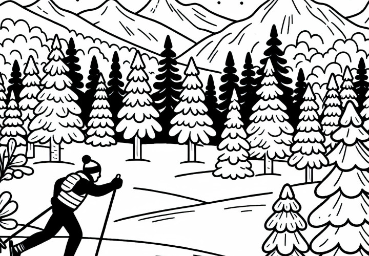 Langläufer gleitet durch verschneite Waldlandschaft - Malvorlage kostenlos Langläufer gleitet durch verschneite Waldlandschaft - Malvorlage kostenlos