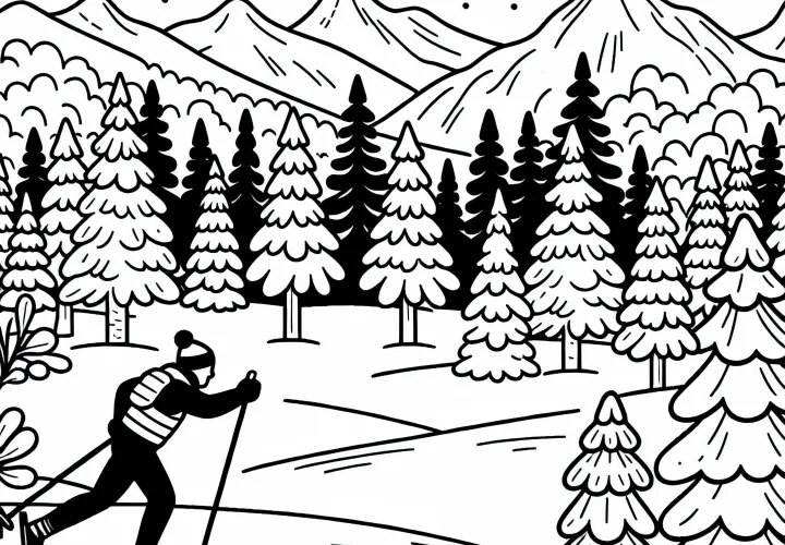 Cross-country skier glides through snowy forest landscape - free coloring page