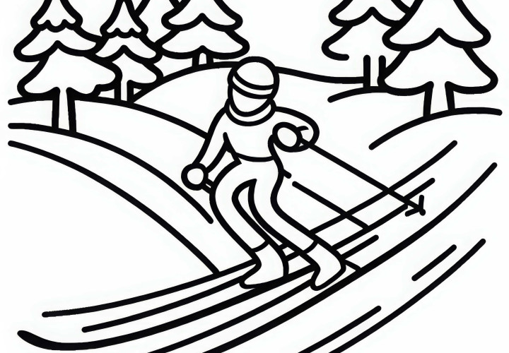 Sportler rast bei kleiner Abfahrt im Langlaufstil – Ausmalbild einfach und gratis Sportler rast bei kleiner Abfahrt im Langlaufstil – Ausmalbild einfach und gratis