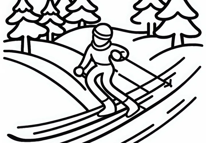 Athlete races down a small slope in cross-country skiing style – coloring page simple and free