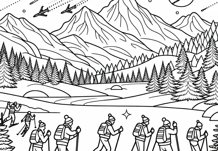 Group of cross-country skiers enjoys a tour through the mountains – Free coloring page