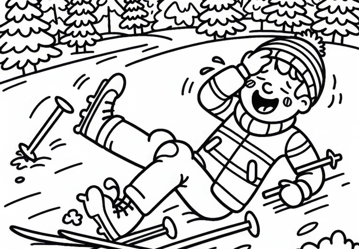 Cross-country skier falls in snow and laughs - free coloring page