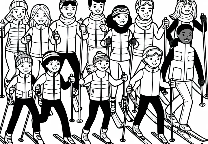 Family going together on a cross-country ski trail – free coloring page