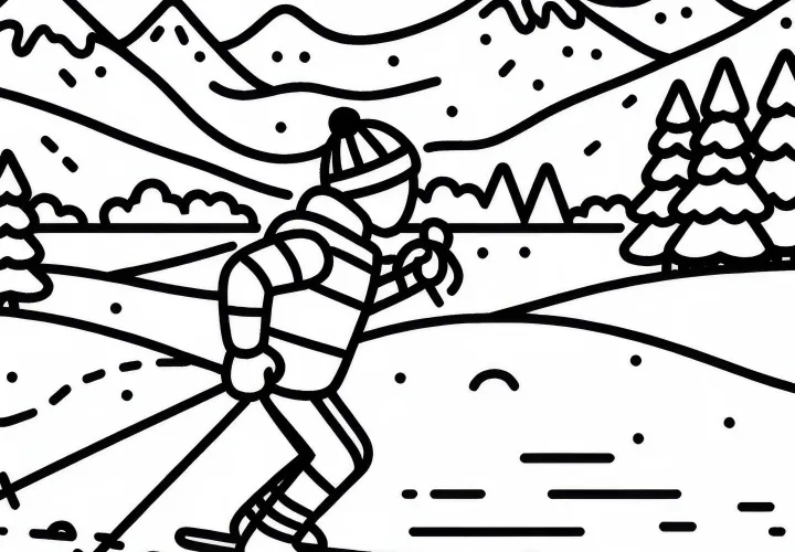 Cross-country skier travels through winter landscape - free coloring page