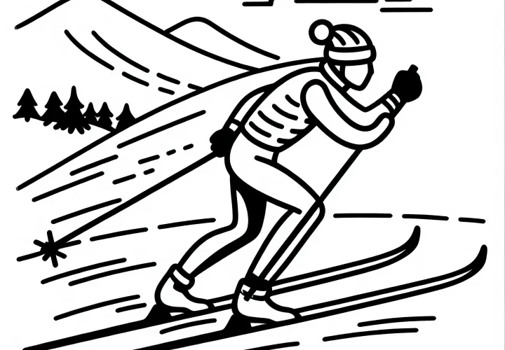 Cross-country skier struggles up the slope - free coloring page