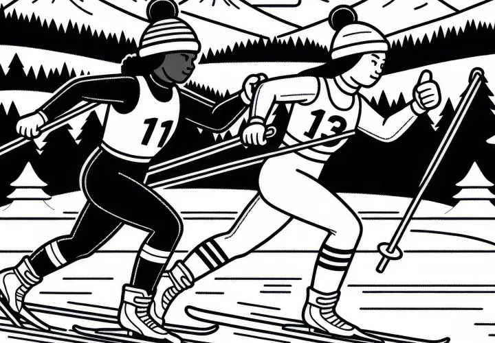 Two cross-country skiers are in a head-to-head duel – Free coloring page