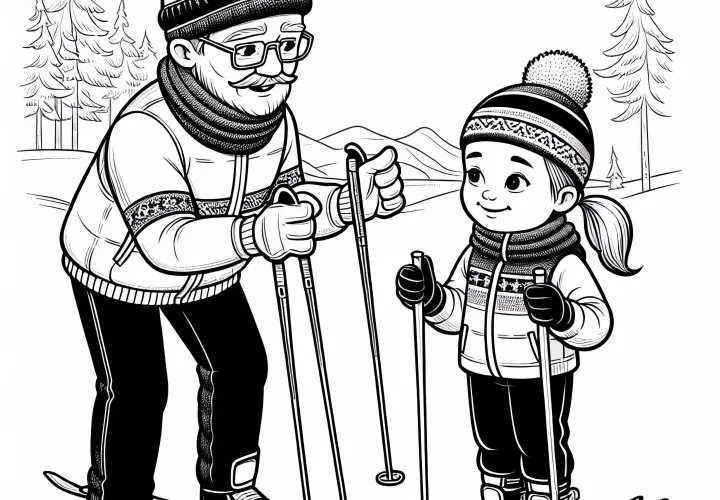 Cross-country skiing: Coach gives athlete tips for the right technique – Free coloring page