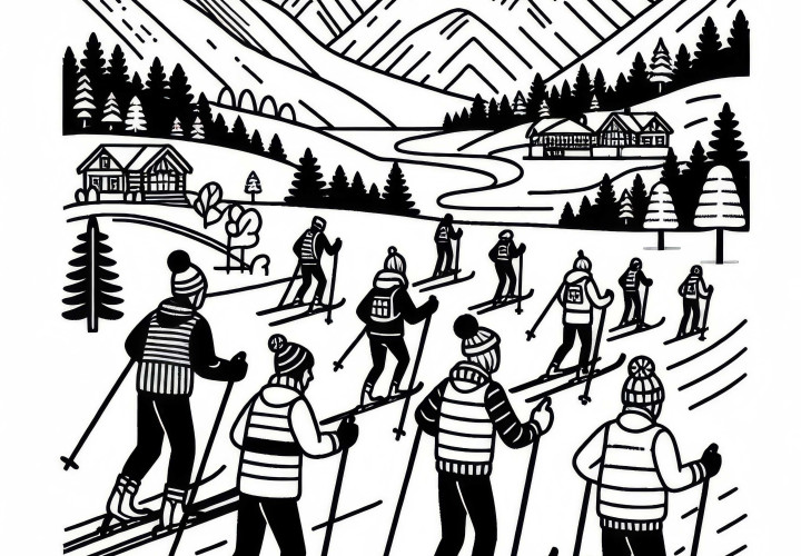 Gruppe Skilangläufer geniesst entspannte Tour durch die Berge – Malvorlage kostenlos Gruppe Skilangläufer geniesst entspannte Tour durch die Berge – Malvorlage kostenlos