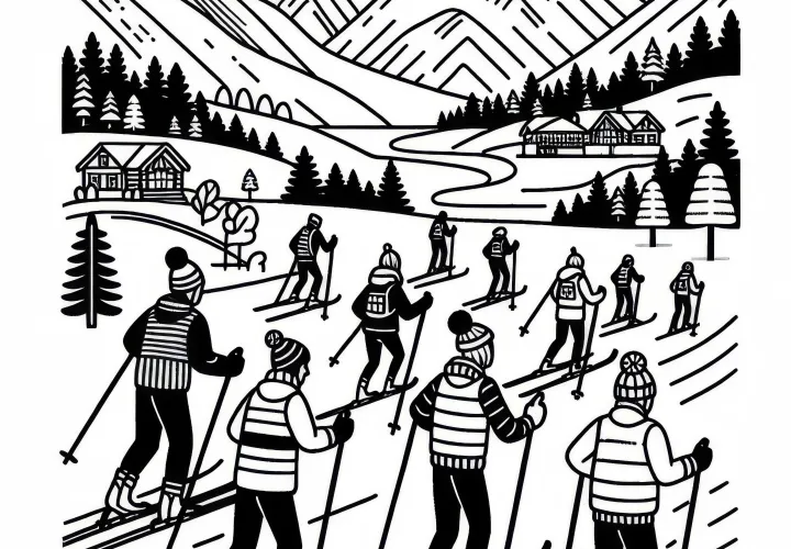 Group of cross-country skiers enjoys a relaxed tour through the mountains – free coloring page
