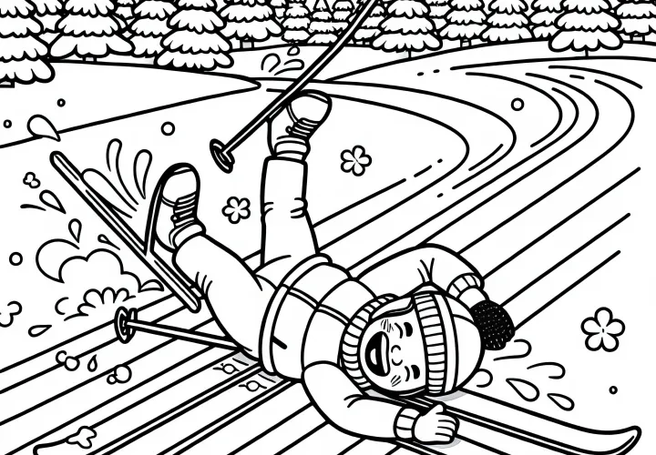 Cross-country skier loses balance and falls laughing into the snow – free coloring page
