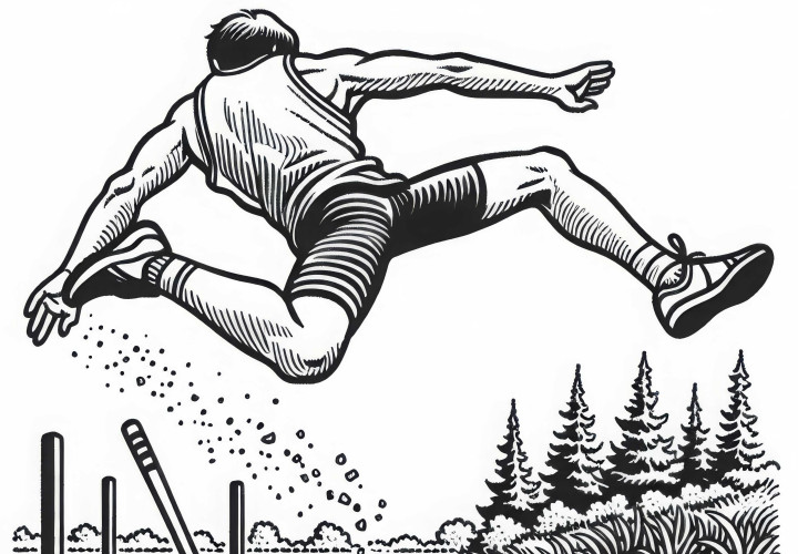 Weitspringer fliegt durch die Luft in die Sandgrube – Malvorlage Leichtathletik kostenlos Weitspringer fliegt durch die Luft in die Sandgrube – Malvorlage Leichtathletik kostenlos