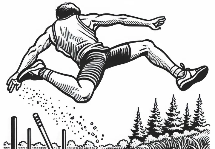Long jumper flies through the air into the sand pit – Free coloring template athletics