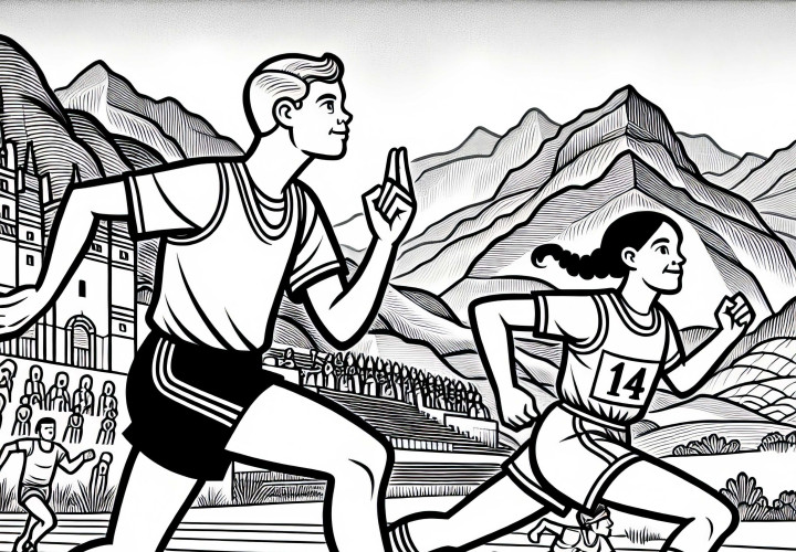 Zwei Läufer liefern sich ein packendes Rennen auf der Laufbahn – Malvorlage Leichtathletik kostenlos Zwei Läufer liefern sich ein packendes Rennen auf der Laufbahn – Malvorlage Leichtathletik kostenlos