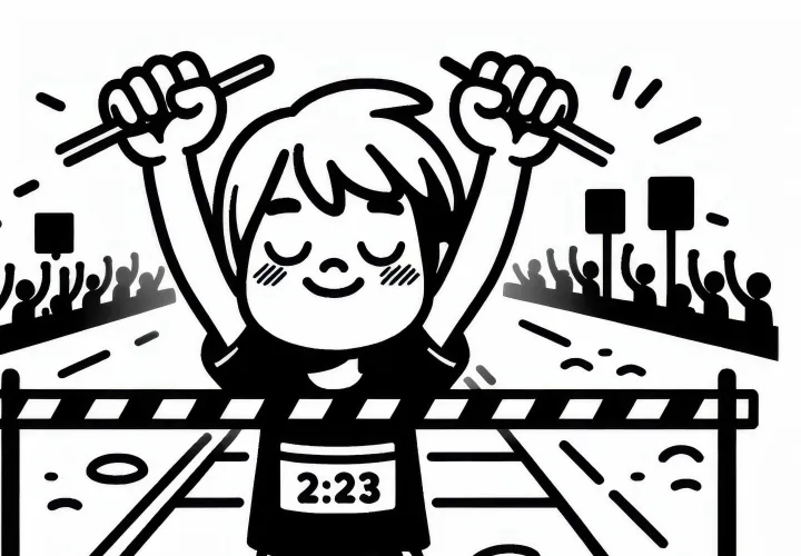 Marathon runner crosses the finish line with raised arms - coloring page for free