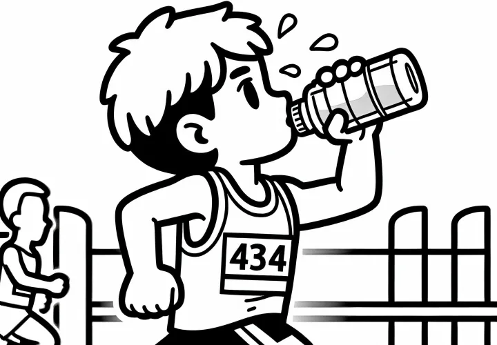 Marathon runner drinks water from a bottle while continuing to run – free coloring page