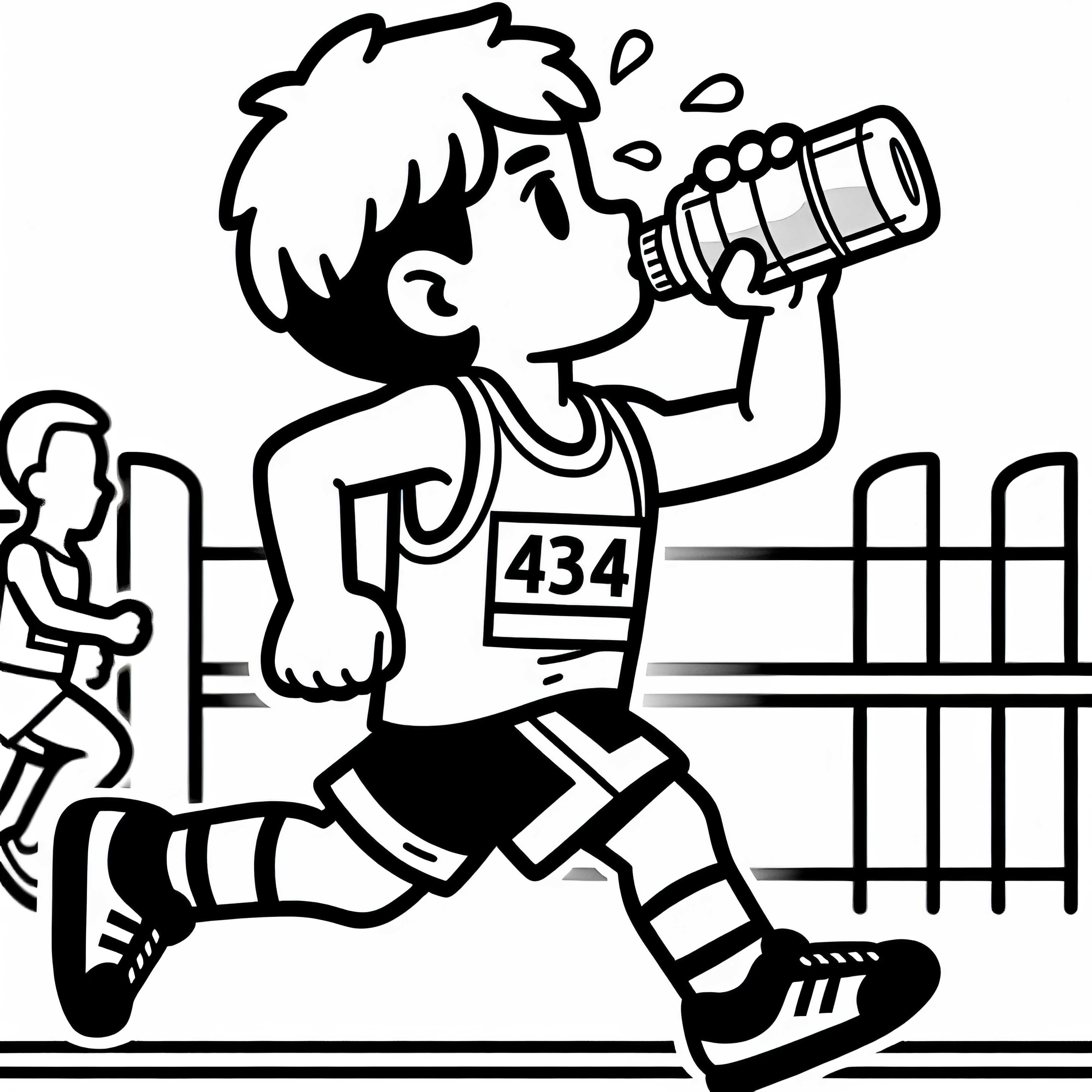 Maraton koşucusu, koşarken şişeden su içiyor – Ücretsiz boyama kitabı