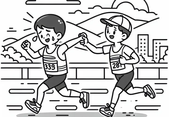 Two marathon runners motivate each other during the race – Free coloring page
