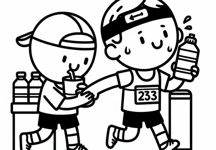 Marathon run: Runner takes a drink from the refreshment station – Coloring page simple free